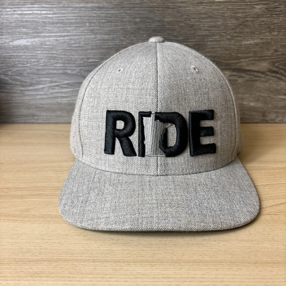 RIDE Hat Cap Snap Back Gray Embroidered Michigan Outdoors Flat Brim Mens Classic